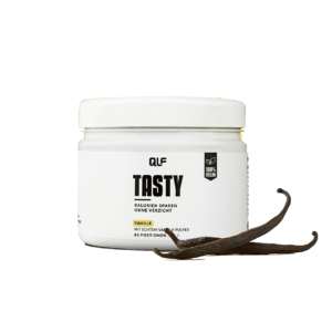 QLF Tasty Flavour Vanille Geschmackspulver mit Vanilleschoten, freigestelltes Produktfoto